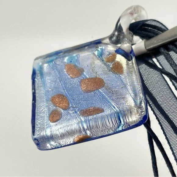 Unsigned Dichroic Glass Blue Silver Square Pendant Corded Black Ribbon Necklace